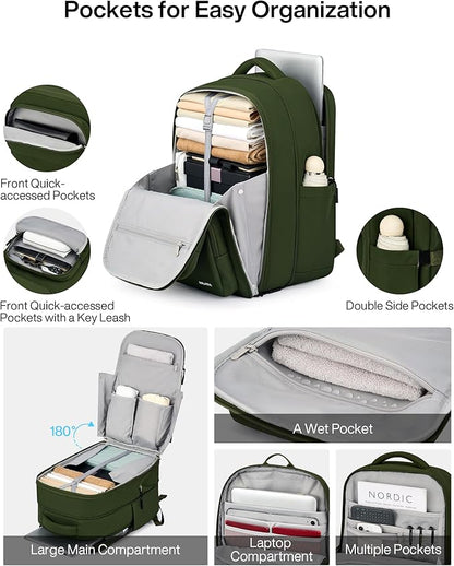MILADA Expandable Travel Backpack 28L to 39L, TSA-Approved Carry On Backpack with 17 Inch Laptop Compartment, School Business Work Backpack for Men & Women, Green