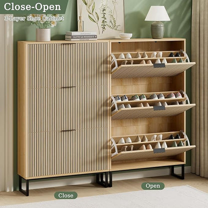 Shoe Cabinet Storage with 3 Flip Drawers, Shoe Organizer Cabinet for Entryway Slim, Modern Freestanding Hidden Shoe Rack Organizer Shoe Cupboard for Hallway, Natural Wood