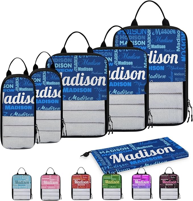 Personalized 6 Set Compression Packing Cubes for Travel Essentials with Name Customized Lightweight Carry on Expandable Luggage Organizer Bags for Women and Men, Blue