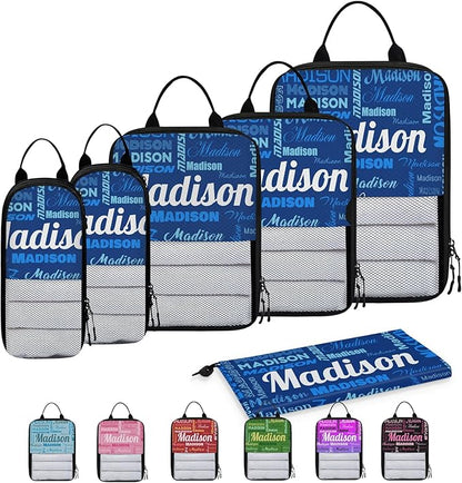 Personalized 6 Set Compression Packing Cubes for Travel Essentials with Name Customized Lightweight Carry on Expandable Luggage Organizer Bags for Women and Men, Blue