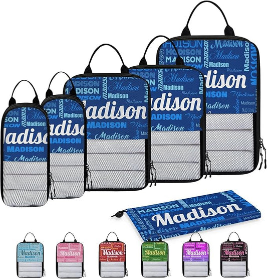 Personalized 6 Set Compression Packing Cubes for Travel Essentials with Name Customized Lightweight Carry on Expandable Luggage Organizer Bags for Women and Men, Blue