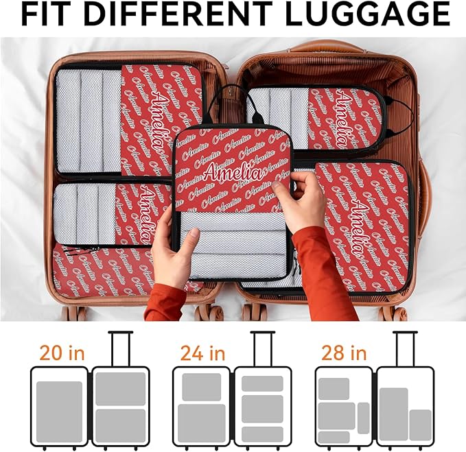 Custom 6 Set Compression Packing Cubes with Name Personalized Compressible Expandable Packing Organizers Luggage Carry On Suitcase Bags Travel Accessories Gifts, Deep Red