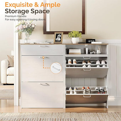 VINGLI Shoe Cabinet Storage for Entryway Ultra Slim with 2 Flip &1Drop-Down Drawers, 24.8" W Narrow Shoe Cabinet for Front Door Entrance,Freestanding Rustic White Wood Shoes Organizer for Hallway