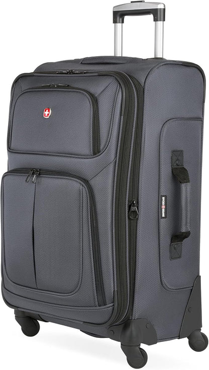 SwissGear Sion Softside Expandable Luggage – Medium Checked Suitcase with 360 Degree Wheels & Retractable Handle – 25 Inch, Perfect for 1-7 Night Trips – Dark Gray