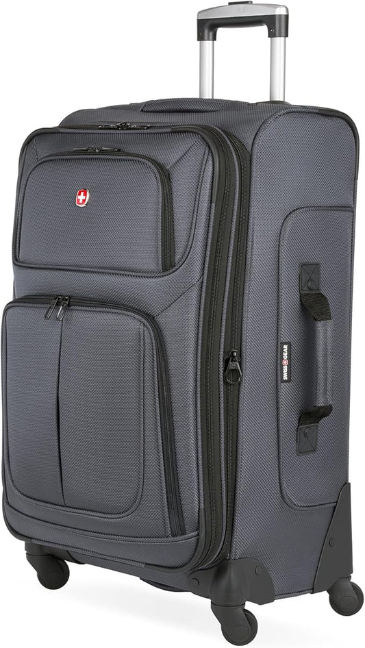 SwissGear Sion Softside Expandable Luggage – Medium Checked Suitcase with 360 Degree Wheels & Retractable Handle – 25 Inch, Perfect for 1-7 Night Trips – Dark Gray