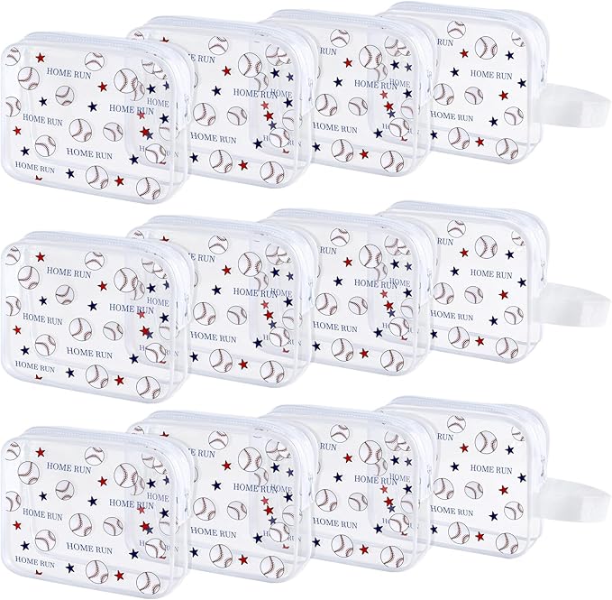 12 PCS Baseball Gift Accessories Bags Baseball Cosmetic Bags Goodie Snack Makeup Pouch Bag Waterproof Clear PVC Travel Bag with Zipper for Girls Team Gifts Valentine Player Sport Party Favors