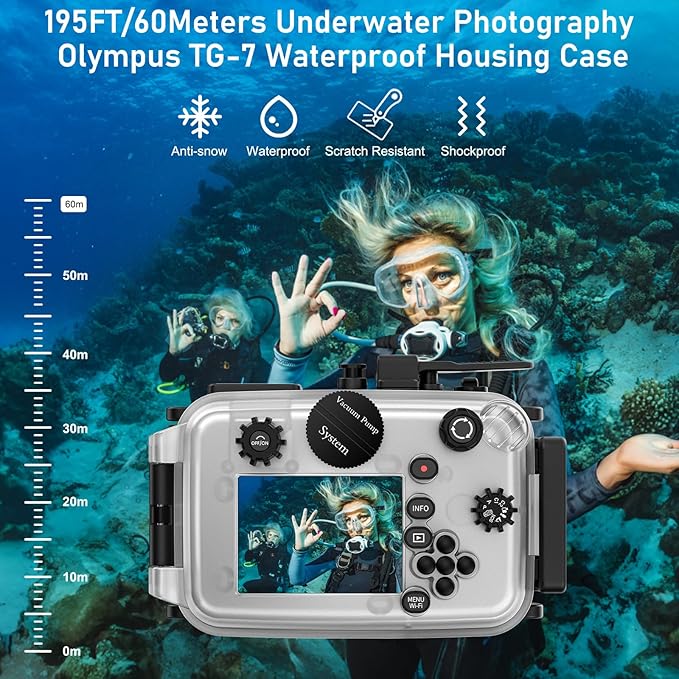 Sea frogs Camera Housing Compatible with Olympus TG7, with Red Filter, Waterproof IPX8 Rated, 60m/197ft Depth Protection Underwater Camera Case, White