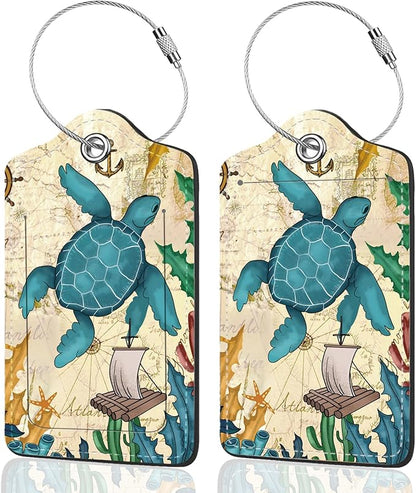 2Pack Luggage Tags for Suitcases, Cute Unique Pu Leather Cruise Luggage Tag with Privacy Cover ID Label Address Card and Metal Ring Suitable for Women Men Kids Travel Bag Turtles