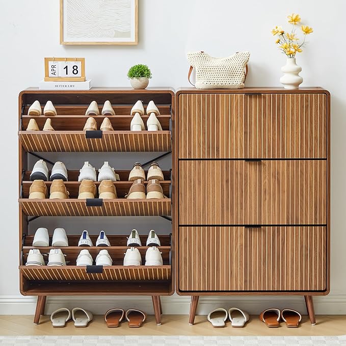 Slim 47" Fluted Shoe Cabinet with 3 Flip Drawers, Curved Hidden Shoe Cabinet Organizer, Narrow Shoes Storage Rack for Entryway (All Walnut-3 Drawers)