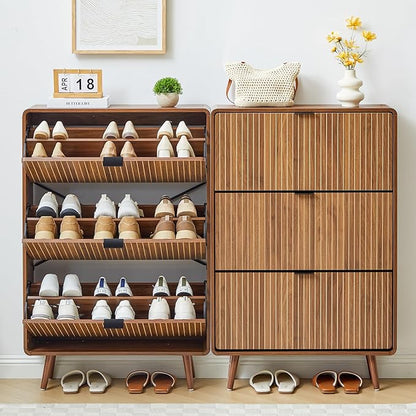 Slim 47" Fluted Shoe Cabinet with 3 Flip Drawers, Curved Hidden Shoe Cabinet Organizer, Narrow Shoes Storage Rack for Entryway (All Walnut-3 Drawers)