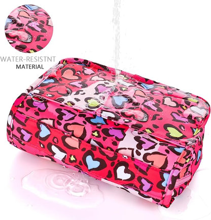 Kids Hanging Toiletry Bag for Girls, Travel Toiletry Bag for Little Young Girls Cosmetic Makeup Waterproof Wash Bag Toddler Traveling Toiletries, Leopard Red