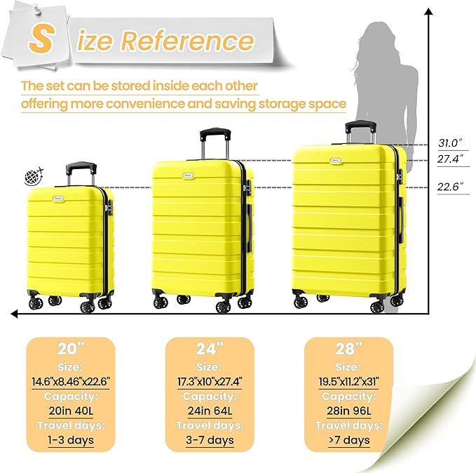 AnyZip Luggage Sets 3 Piece Hardshell Suitcase Set PC ABS Lightweight Travel Suitcases with 4 Double Spinner Wheels TSA Lock 20 24 28 Inch Black