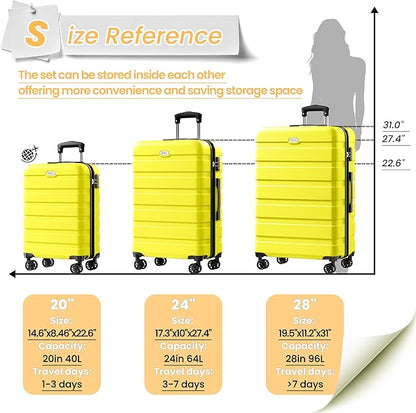 AnyZip Luggage Sets 3 Piece Hardshell Suitcase Set PC ABS Lightweight Travel Suitcases with 4 Double Spinner Wheels TSA Lock 20 24 28 Inch Black