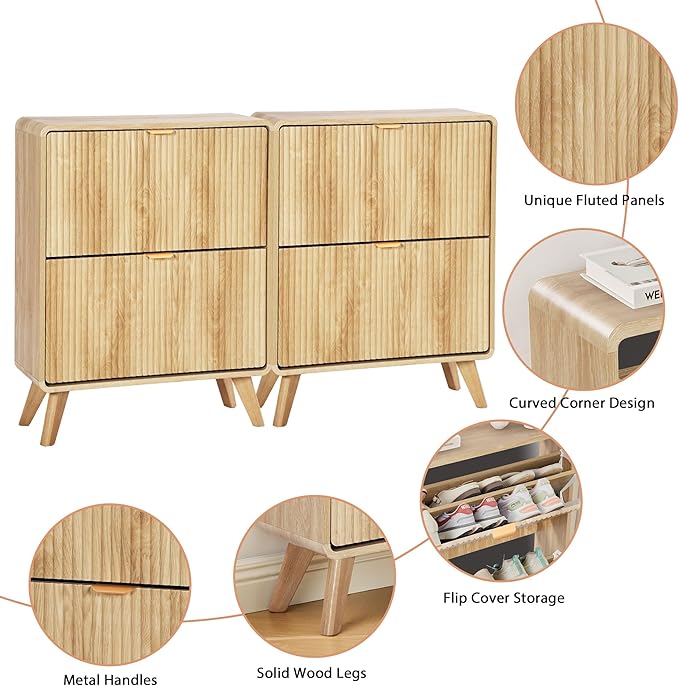 RARZOE Set of 2 Fluted Shoe Storage Cabinets for Entryway, Narrow Curved Shoe Cabinet with 2 Flip Drawers, Freestanding Wood Hidden Shoe Organizer Closed Shoe Rack Cabinet for Foyer,Hallway (Natural)