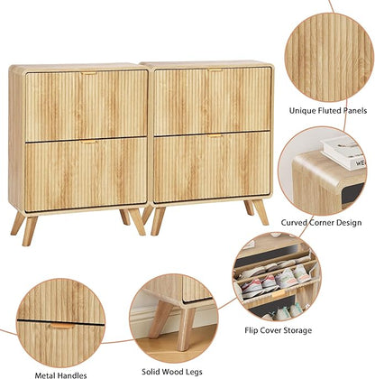 RARZOE Set of 2 Fluted Shoe Storage Cabinets for Entryway, Narrow Curved Shoe Cabinet with 2 Flip Drawers, Freestanding Wood Hidden Shoe Organizer Closed Shoe Rack Cabinet for Foyer,Hallway (Natural)