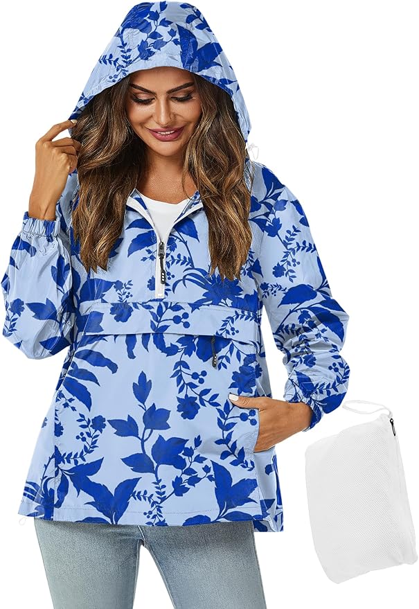 Avoogue Womens Rain Jacket with Hood,Pullover,Packable,Lightweight,Windbreaker,Waterproof,Breathable.