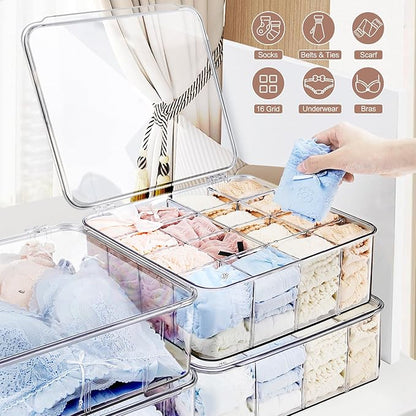 DILIBRA Socks Underwear Drawer Organizer for Closet, 16 Compartment Removable Divided Plastic Clear Sock Storage Box with Lid, Underwear Organizer Storage Container for Bra Socks Ties Scarf