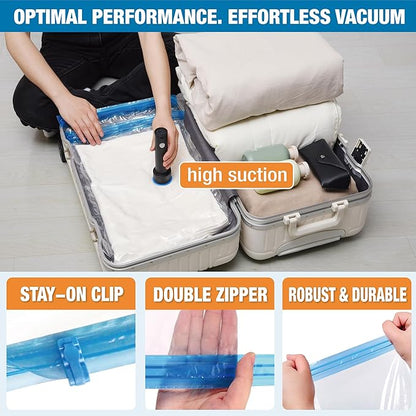12 Pack Travel Vacuum Storage Bags with Rechargeable Wireless Electric Pump, Travel Packing Bags for Luggage and Suitcase, Carry-on Size Compression Space Saver for Clothes and Clothing