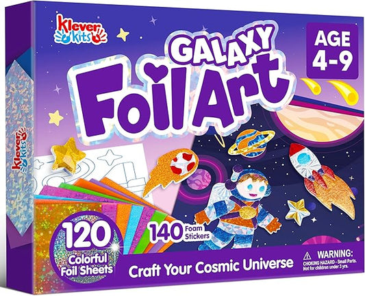 Klever Kits Outer Space Foil Art Kit for Kids - Arts & Crafts Supplies, Mess Free Coloring, Galaxy Foil Foam Stickers, Creative Travel Toys, Birthday Gifts for Boys & Girls Ages 4 and Up
