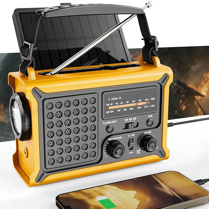 Emergency Weather Radio – NOAA/AM/FM Portable Solar & Hand Crank Radio with LED Flashlight, Reading Lamp, USB Phone Charger, SOS Alarm – Survival Gear for Hurricanes, Storms & Power Outages (Yellow)