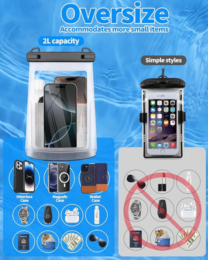 Large Waterproof Phone Pouch - [Oversized] [Floating] Waterproof Pouch for iPhone Galaxy Google and More, IPX8 Waterproof Dry Bag for Beach Vacation Belongings Black