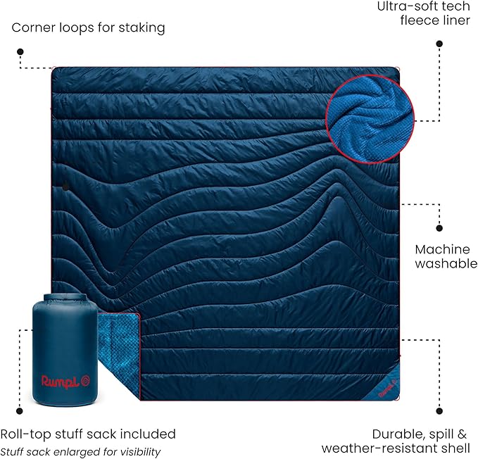 Rumpl Fleece Puffy Blanket with Fleece Liner and Weather Resistant Shell, 2-Person, Deepwater