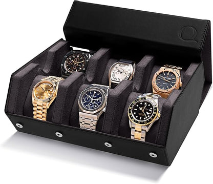 QWATCHBANDS Napa Leather Watch Case for Men - Watch Roll Storage Organizer & Watch Display - Six Slot Luxury Watch Box for Home or Travel - Mens 6 Watch Holder Case (Black Charcoal)