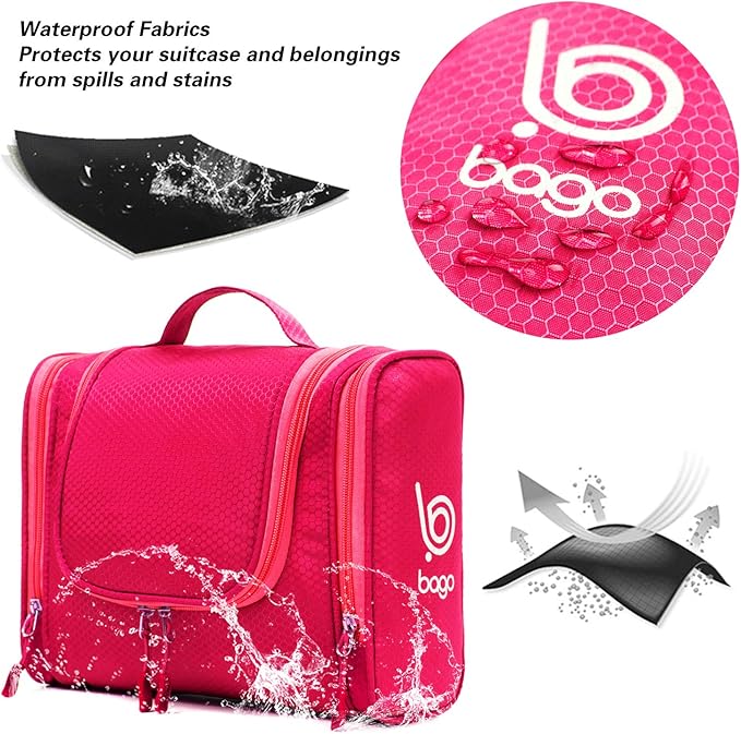Bago Travel Toiletry Bag for Women and Men X-Large Waterproof Hanging Large Toiletry Bag for Bathroom and Travel Bag for Toiletries Organizer -Travel Makeup Bag (Pink)