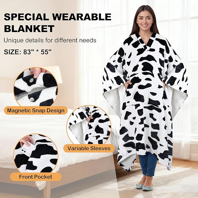 Catalonia Cow Print Sherpa Wearable Blanket Poncho for Adult Women Men, Wrap Blanket Cape with Pocket, Warm, Soft, Cozy, Snuggly, Comfort Gift