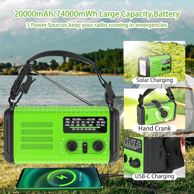 74000mWh Emergency NOAA Weather Radio, Hand Crank Radio with AM FM, Solar Power Battery Operated/USB-C Charging, LED Flashlight, Reading Lamp, SOS & Compass for Home/Outdoor/Camping