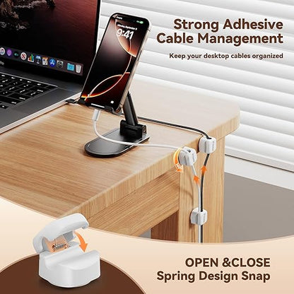 6 Pack Rotatable Cord Organizer,Spring Cable Clips Desk Cable Management Cord Holder Adhesive Phone Charger Cord Clips for Home Office Car Wall Nightstand Accessories White