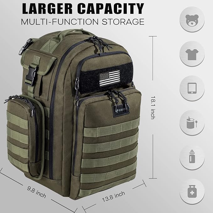 Dad Diaper Bag, Mens Diaper Bag Backpack with Diaper Changing Mat, Military Diaper Backpack with Molle Webbing, Waterproof Pouch, Baby Wipes pocket, Insulated Bottle Pockets- Jungle Green