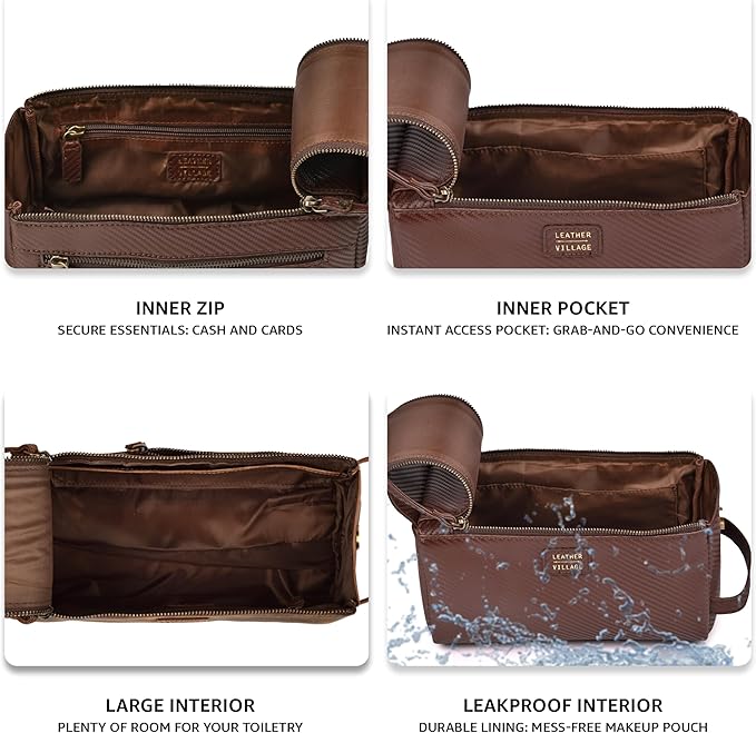 LEATHER VILLAGE Premium Carbon Fiber Genuine Leather Travel Toiletry Bag - Large Dopp Kit, Water-Resistance Bathroom & Shaving Organizer for Men & Women - Brown