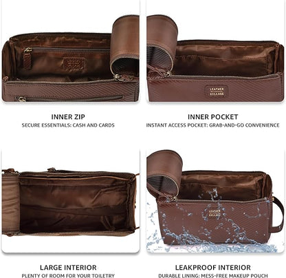 LEATHER VILLAGE Premium Carbon Fiber Genuine Leather Travel Toiletry Bag - Large Dopp Kit, Water-Resistance Bathroom & Shaving Organizer for Men & Women - Brown