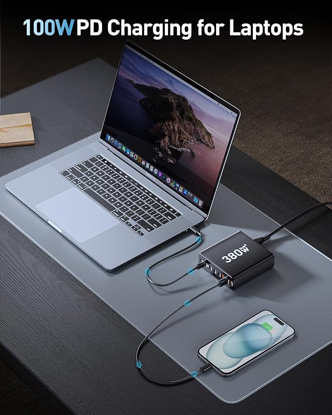 280W USB C Charger Block, 8-Port USB Charging Station GaN III PD 65W Laptop Charger Adapter (Bright Black)