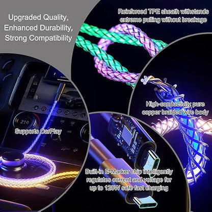 USB Cable PD Fast Charger Lighted Up (USB C to C RGB),Mobile Phone Data Cable, Charging Cable, Supports Data Transfer, 39-inch, high-Transparency Pure Copper Braided Cable Body.