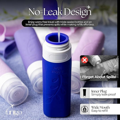 unigo Travel Bottles For Toiletries, 4-pack TSA Approved Containers, Travel Size Toiletries, Shampoo and Conditioner Bottles, Leak Proof and Refillable Bottles, BPA Free, Extra Bottle Covers (Purple)