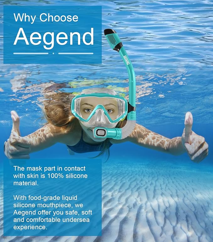 Aegend Snorkeling Gear for Adults Youth Kids, Dry Snorkel Set Panoramic View Enhanced Anti-Leak and Anti-Fog Technology, Adjustable Strap for Snorkeling Scuba Diving Swimming with Mesh Bag