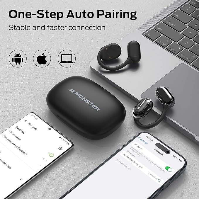 Monster Open Free AC100 Open Ear Bluetooth 5.3 Headphones, Wireless Earbuds with Earhooks, Immersive Stereo Sound by 16mm Large Driver, Clear Calls, 30H Playtime, for Workout