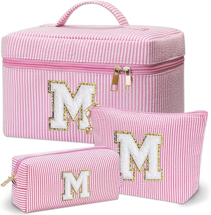 Personalized Monogram Makeup Bag, 3PCS Custom Monogrammed Toiletry Cosmetic Bag for 6-18 Teen Girls Women,Birthday Graduation Gifts Initial Pouch Makeup Bags for Women Girls, Make Up Bag (M, Pink)