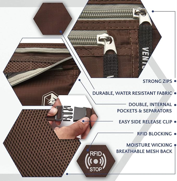 VENTURE 4TH Money Belt for Travel – Hidden Under-Clothes RFID Blocking Passport Holder & Slim Travel Wallet Pouch for Men & Women to Protect Cash, Cards & Documents (Brown)
