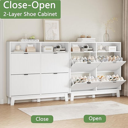 Shoe Cabinet with 4 Flip Drawers, 46" Tall Narrow Fluted Shoe Storage Organizer for Entryway, Hidden Slim Wooden Shoe Rack Cabinet for Front Door Entrance, Hallway, Living Room, Solid White