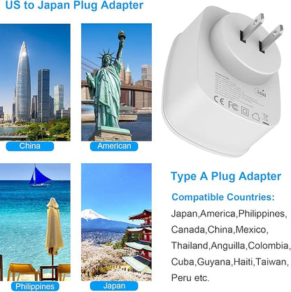 Type A Plug Adapter, VooLerTun Canada Japanese Travel Adapter with 30W Fast Charge Dual Ports (1 USB C) Compatible Cell Phone Camera, 1 American Outlet Adapter, US Converter for Japan Travel