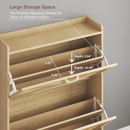 Shoe Storage Cabinet with 2 Rattan Flip Drawers, Freestanding Shoe Rack Organizer for Entryway, Narrow Hidden Slim Shoe Cabinet for Foyer,Hallway, Natural