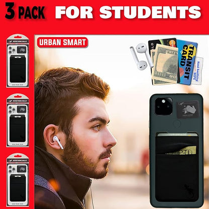 Gecko Travel Tech Double Pocket - Adhesive Card Holder - Cell Phone Pouch - Stick on Spandex Pocket - Carry Credit Cards and Cash (3 PACK - BLACK BLACK)