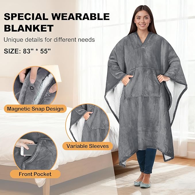 Catalonia Sherpa Wearable Poncho for Adult Women Men, Wrap Blanket Cape with Pocket, Warm, Soft, Cozy, Snuggly, Comfort Gift, No Sleeves, Grey