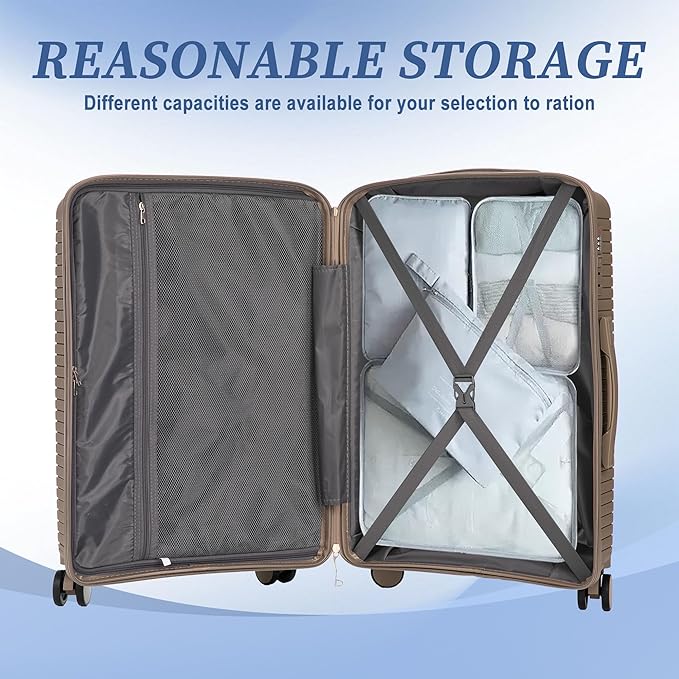 Campfun 3 Piece Luggage Sets, PP Suitcase Set with Double Spinner Wheels Hang Hook, Durable Carry On Luggage with Combination Lock, 20/24/28 inch, Champagne