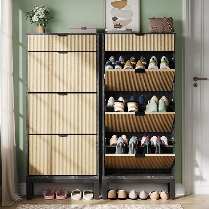 GAOMON Shoe Cabinet with 3 Flip Drawers, Entryway Cabinet with Adjustable Shelves, Accommodate 12 to 18 Pair of Shoes, Space-Saving Slim Shoe Cabinet for Entryway, Hallway, Front Door, Black Oak