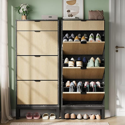 GAOMON Shoe Cabinet with 3 Flip Drawers, Entryway Cabinet with Adjustable Shelves, Accommodate 12 to 18 Pair of Shoes, Space-Saving Slim Shoe Cabinet for Entryway, Hallway, Front Door, Black Oak