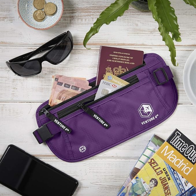 VENTURE 4TH Money Belt for Travel – Hidden Under-Clothes RFID Blocking Passport Holder & Slim Travel Wallet Pouch for Men & Women to Protect Cash, Cards & Documents (Purple)